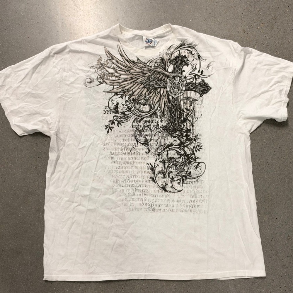 Delta Pro Weight Mens 2XL White Winged Cross Graphic T-Shirt Gothic Streetwear